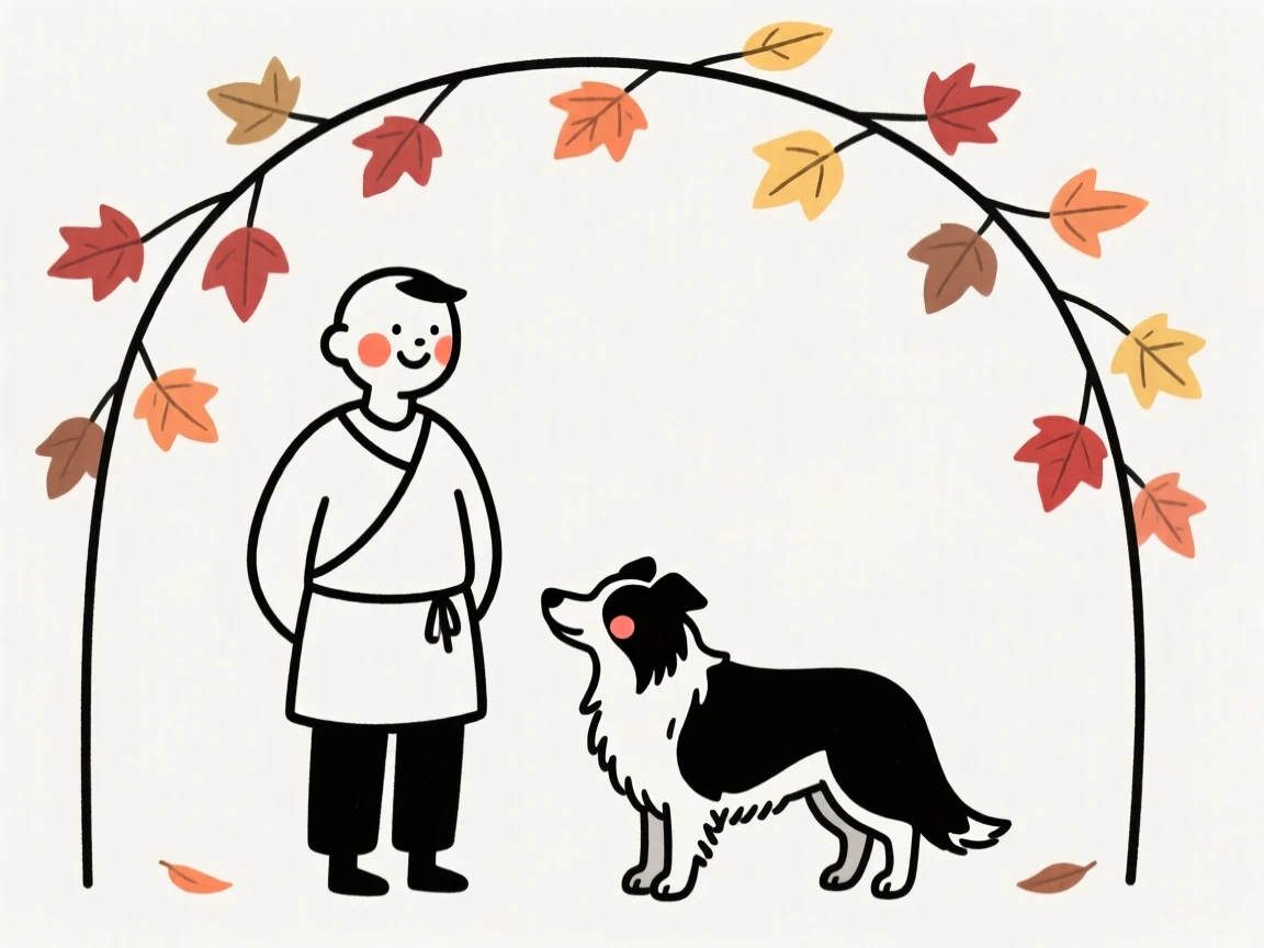 A shepherd with a spirited border collie, smiling shyly, under a canopy of autumn leaves.