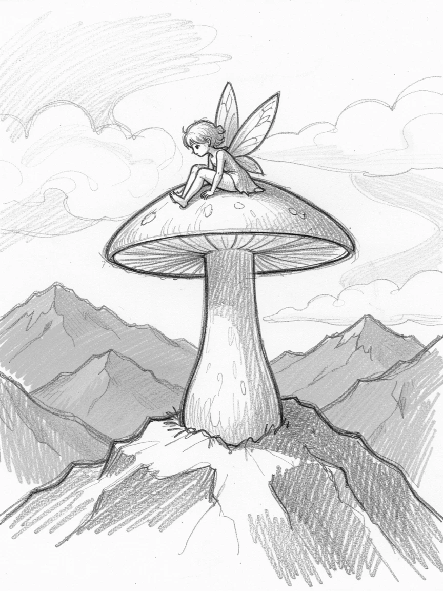 A fairy resting on a giant mushroom, atop a mountain pierced by clouds, with distant mountains glowing violet in the twilight.