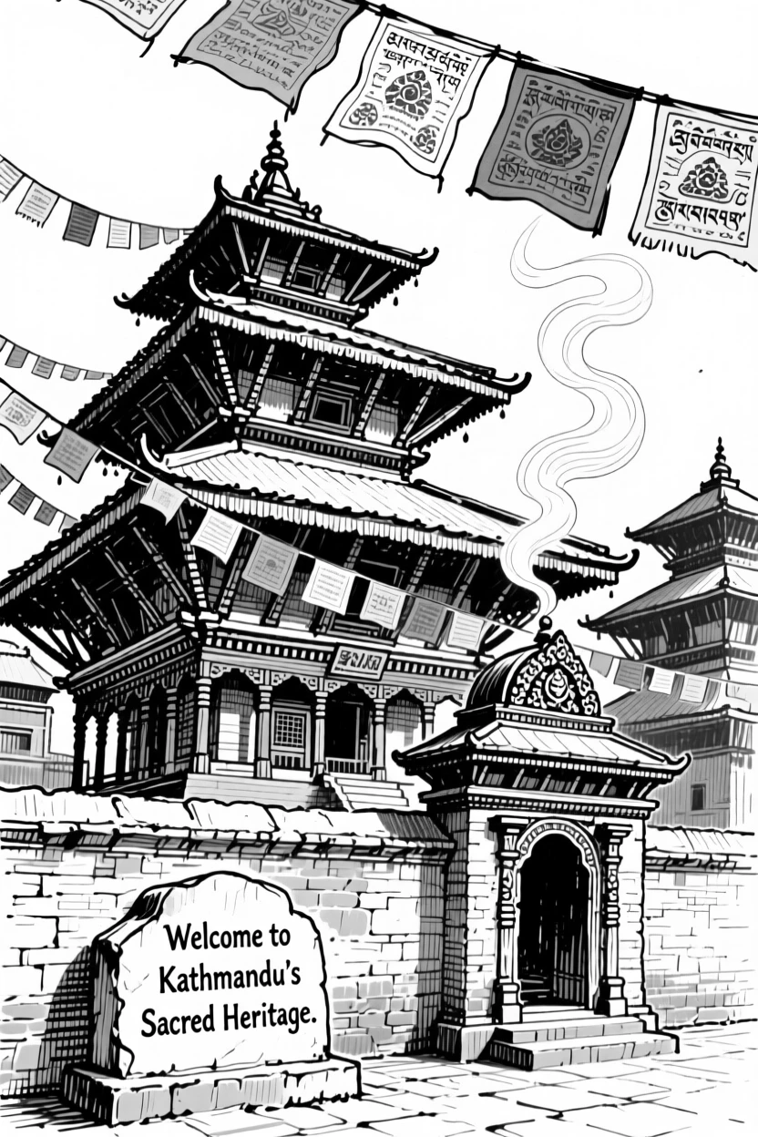 The historic temples of Kathmandu wrapped in incense smoke and prayer flags.