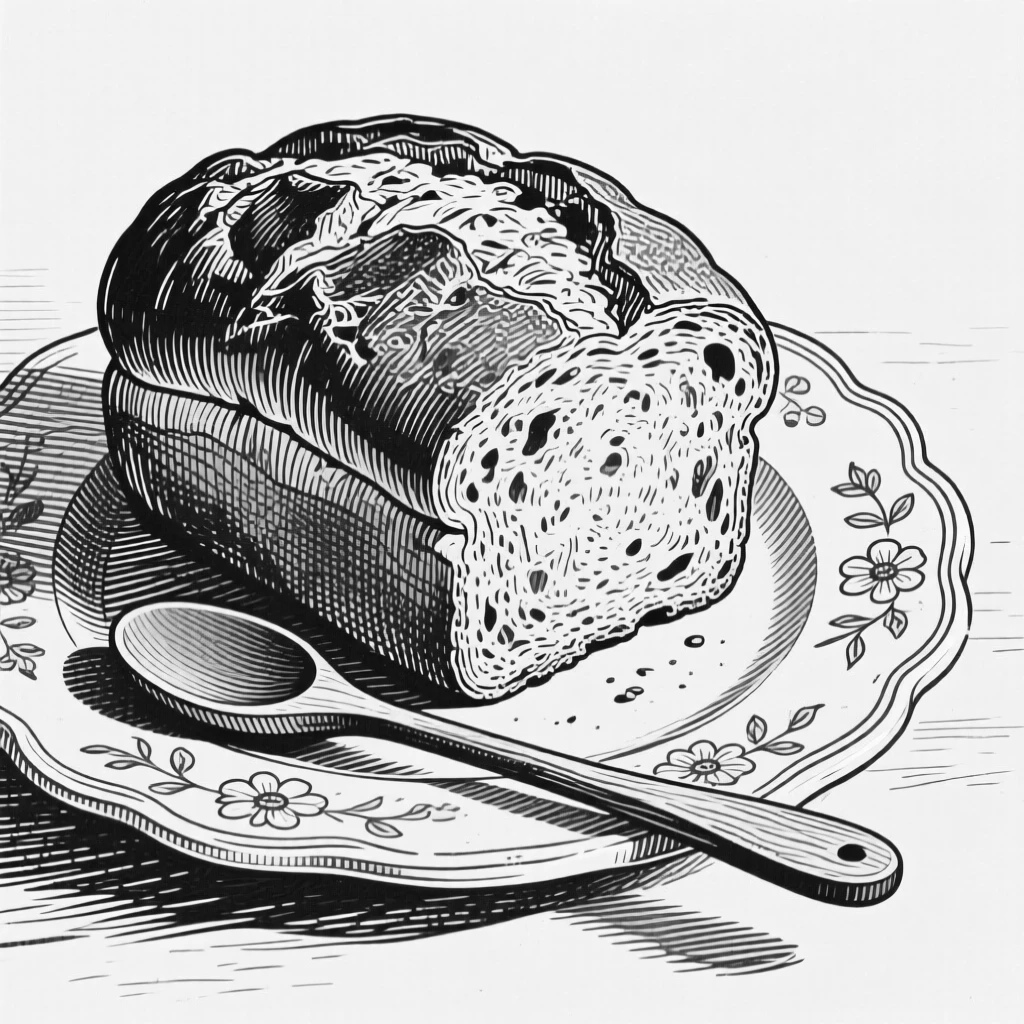 A rustic loaf of freshly baked bread presented on a vintage porcelain plate, with a wooden spoon resting on the edge, presented in a cheerful and abundant culinary still life.