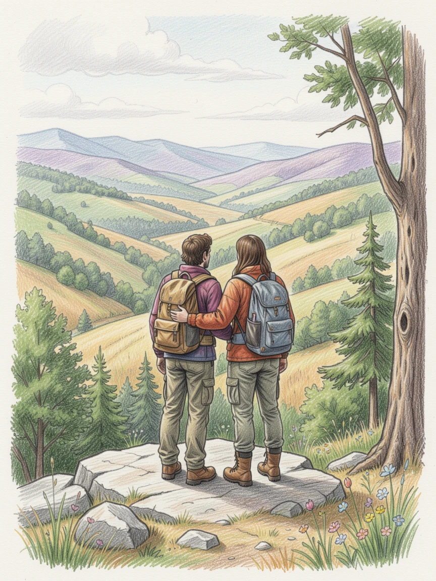 A hiking couple pausing to take in a sweeping valley view, with rich, inviting textures throughout the scene, perfect for anyone drawn to gentle, heartfelt imagery.