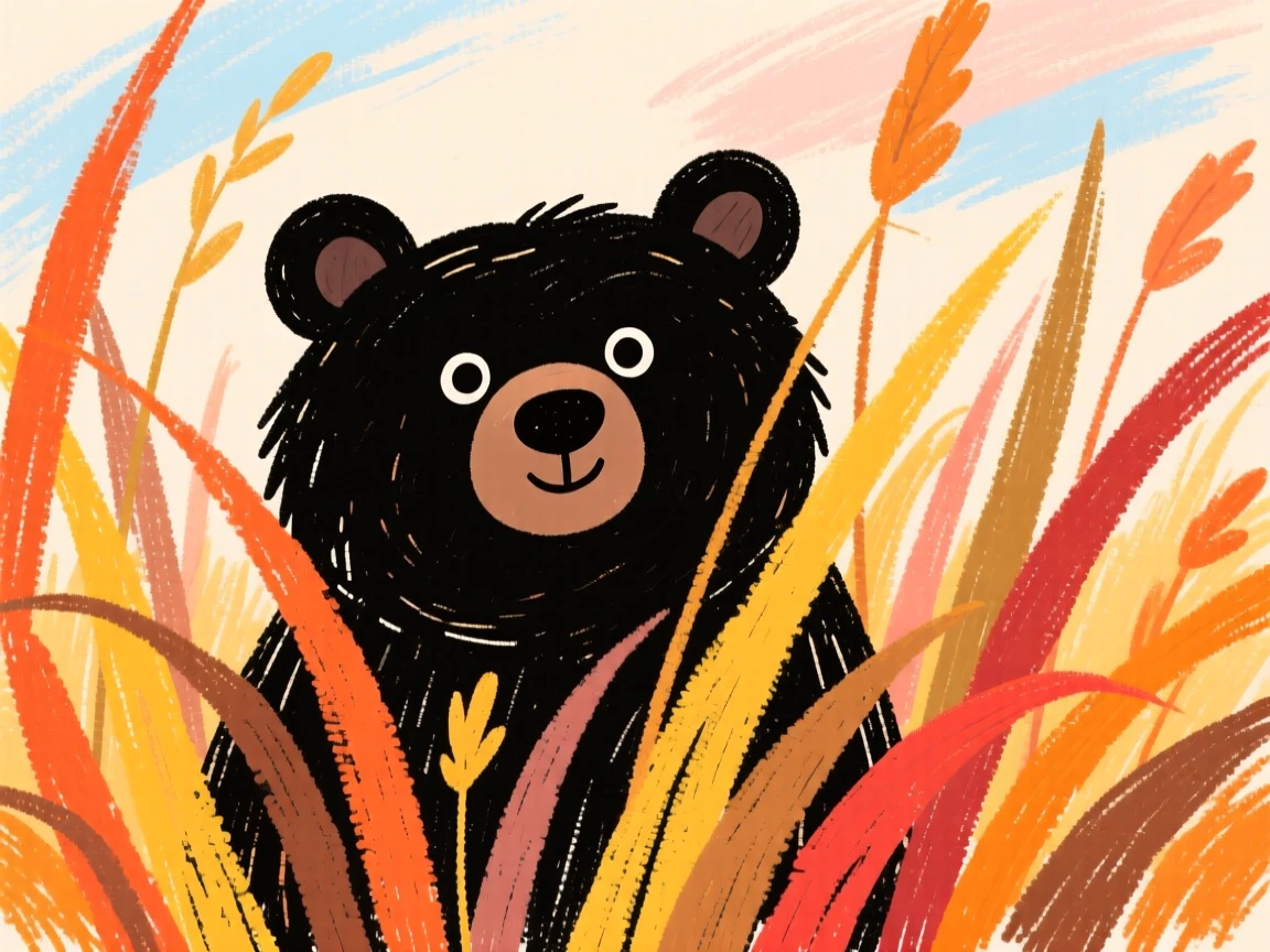 A black bear watching curiously from behind tall autumn grass.