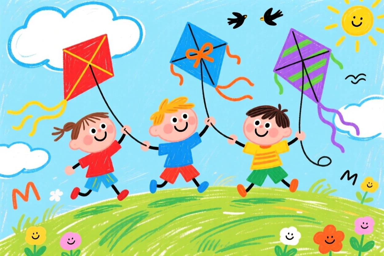 Children flying kites together on a windy hilltop.