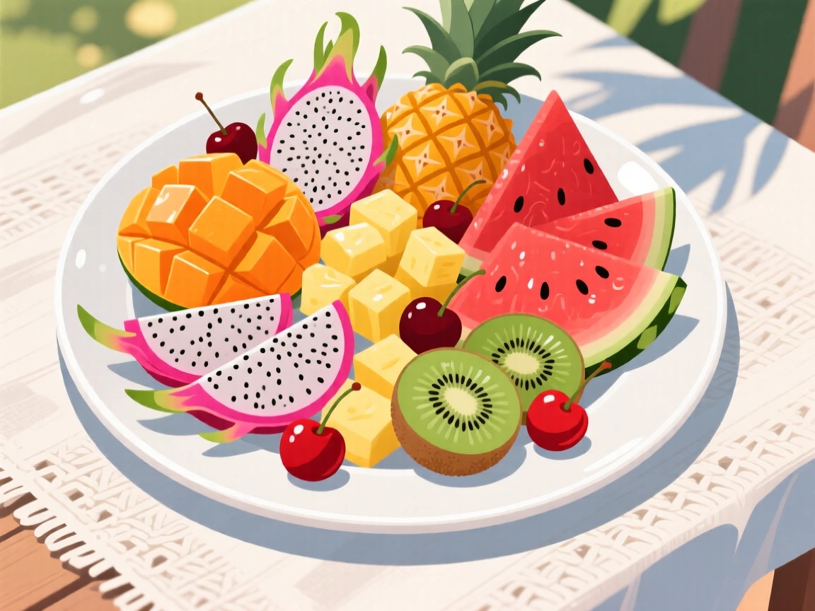 A colorful platter of tropical fruit sliced and arranged artfully, arranged on a linen tablecloth outdoors, arranged in an appetizing overhead flat lay, with glossy highlights that make the dish look freshly made.