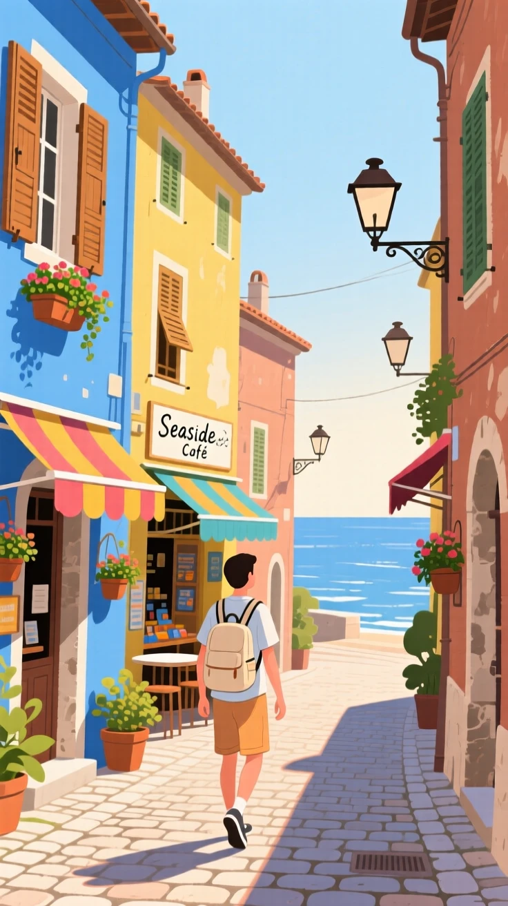 A traveler exploring a colorful, narrow street in an old coastal town.