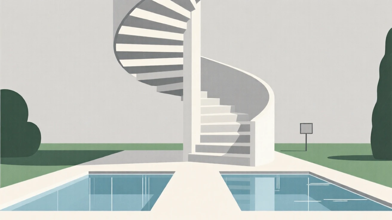 A view looking up at a spiral staircase from a peaceful monastery garden, with reflecting pools in frame, evoking modern clarity.
