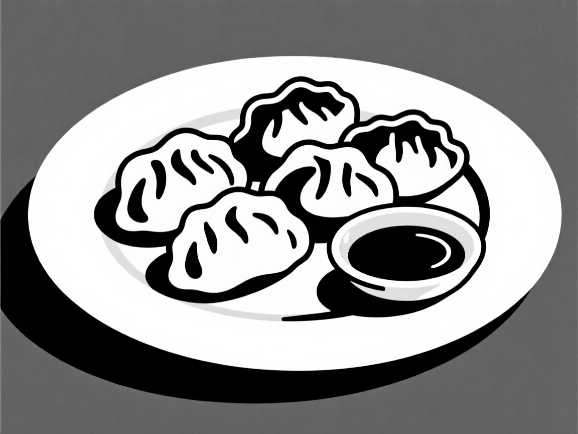 A plate of dumplings with a small dish of sauce.