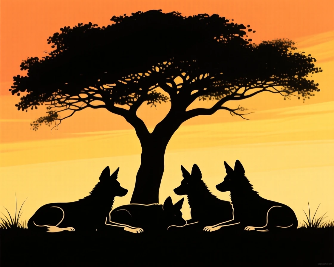 A pack of wild dogs resting together in the shade of a lone tree.