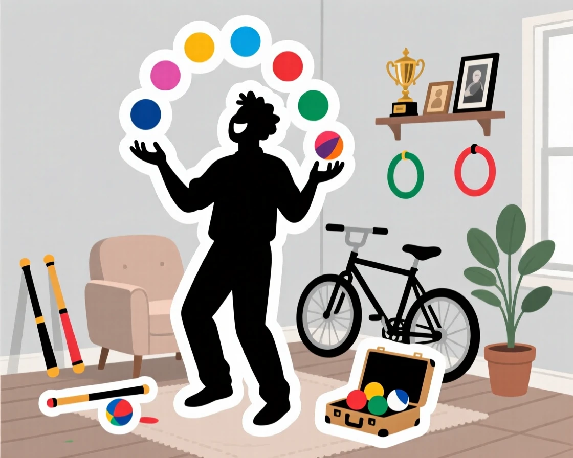 A focused and joyful street performer juggling colorful balls, surrounded by their favorite gear, in a peaceful home corner dedicated to their craft.