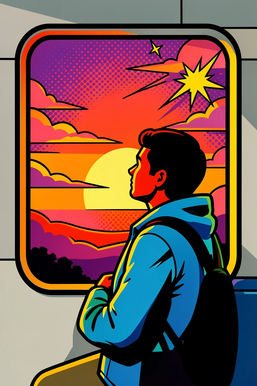 A traveler watching a sunset from a train window