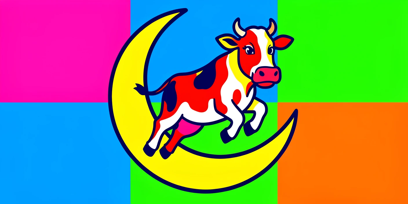 Cow jumping over a cartoon moon