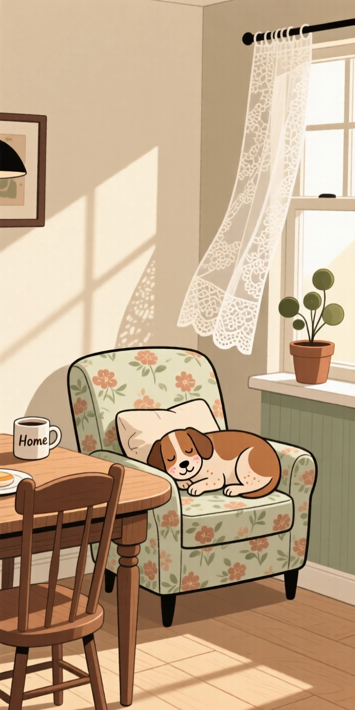 Morning light spills across a sunlit breakfast nook filled with vintage furniture and lace curtains, where a old dog naps peacefully on the armchair cushion.
