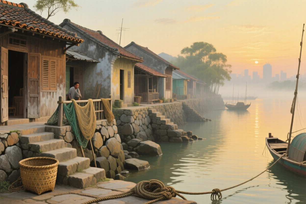 A grand panoramic scene of a row of fishermen's cottages along a rocky harbor wall, in old Hanoi, in the interwar years, in early morning light.