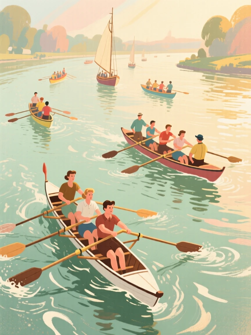 A rowing regatta with colorful boats racing down a wide river