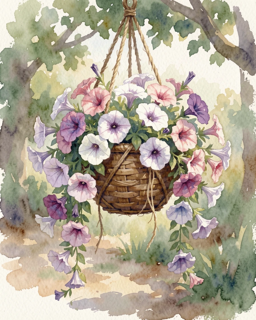 A hanging basket of trailing petunias in a quiet countryside garden tied with a length of twine.