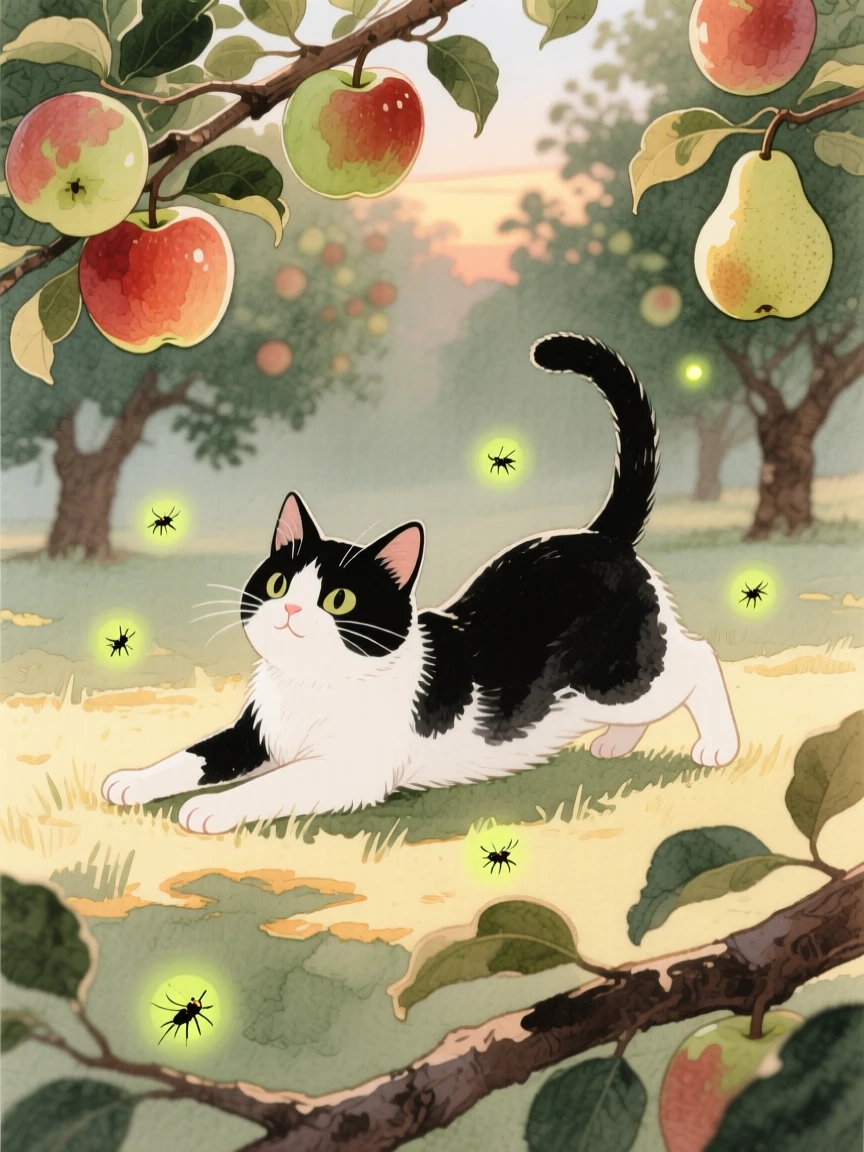A tuxedo kitten stretches in a patch of sunlight in an orchard heavy with fruit, as fireflies begin to glow at dusk