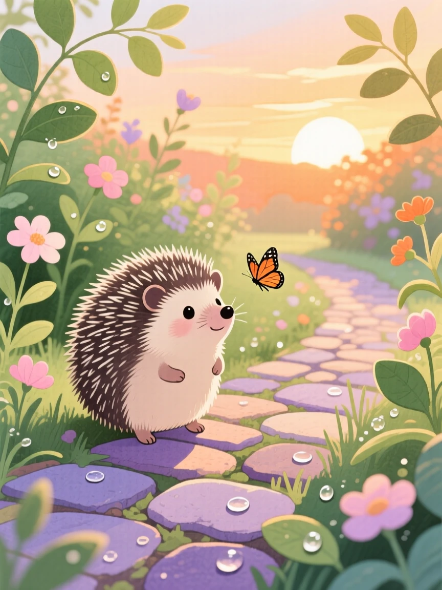 A tiny hedgehog exploring a quiet garden at dawn at sunset.
