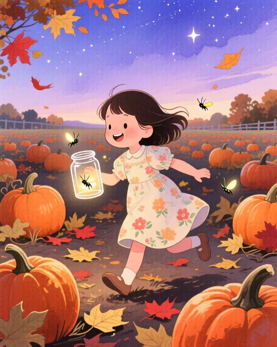 A little girl in a sundress chasing fireflies at dusk with a glass jar, in a pumpkin patch under a crisp autumn sky, radiating sweetness and gentle curiosity.