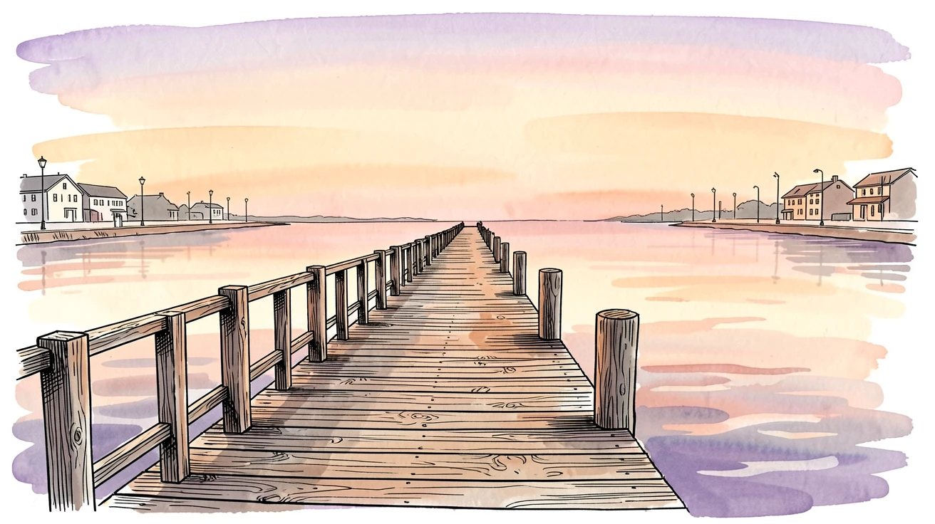 A weathered pier stretching into a calm harbor at sunset, the streets quiet in the soft light of early morning.