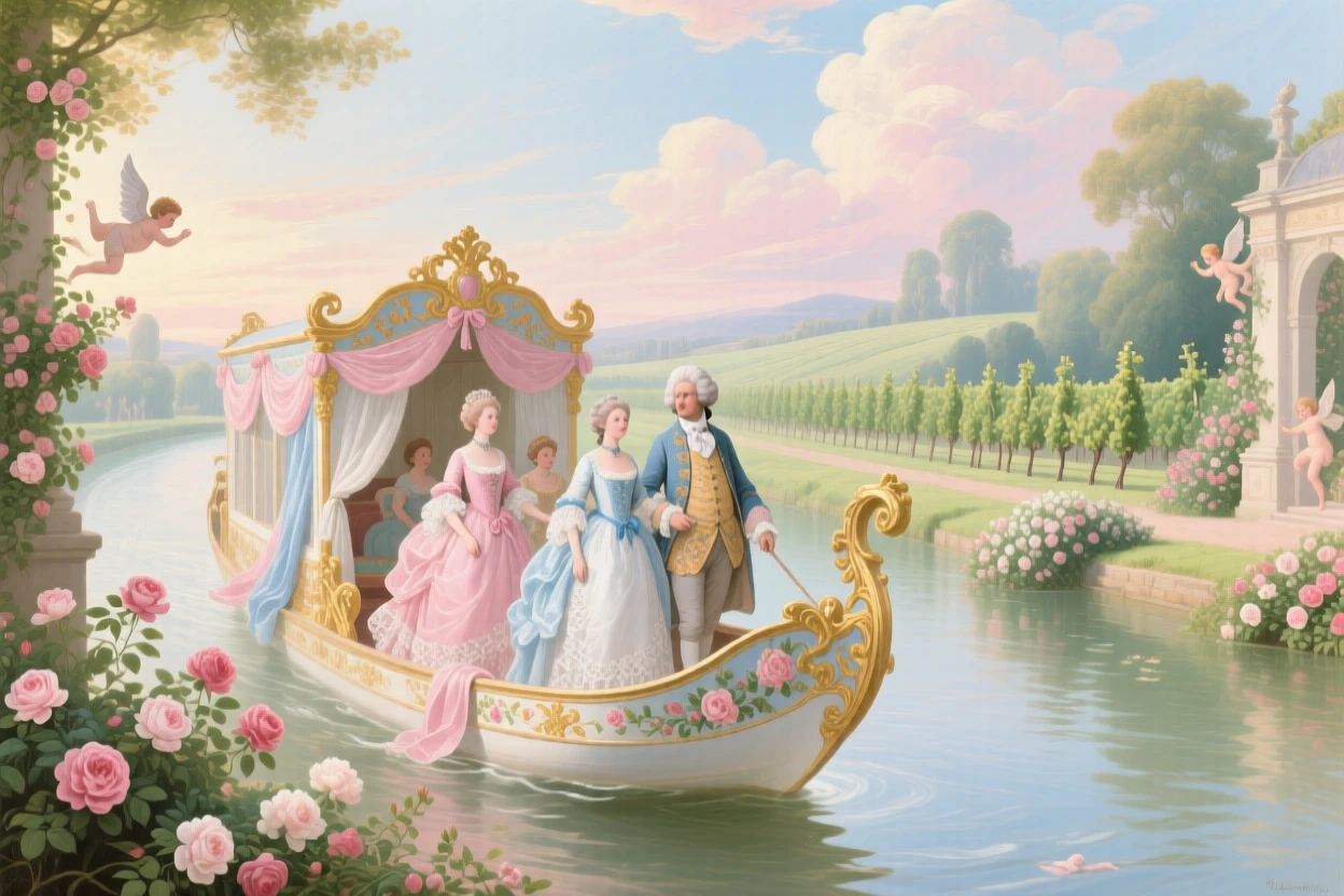 A royal family traveling by riverboat through a landscape of gardens and vineyards  
