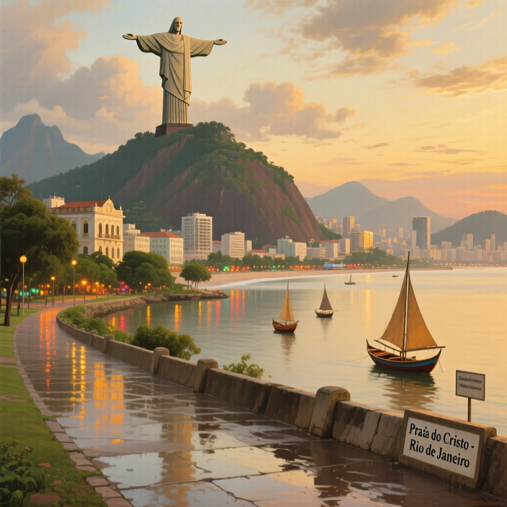 A sweeping view of Rio de Janeiro's coastline beneath Christ the Redeemer, as reflections shimmer across nearby water or wet pavement, celebrating the architectural wonder and cultural richness of the location