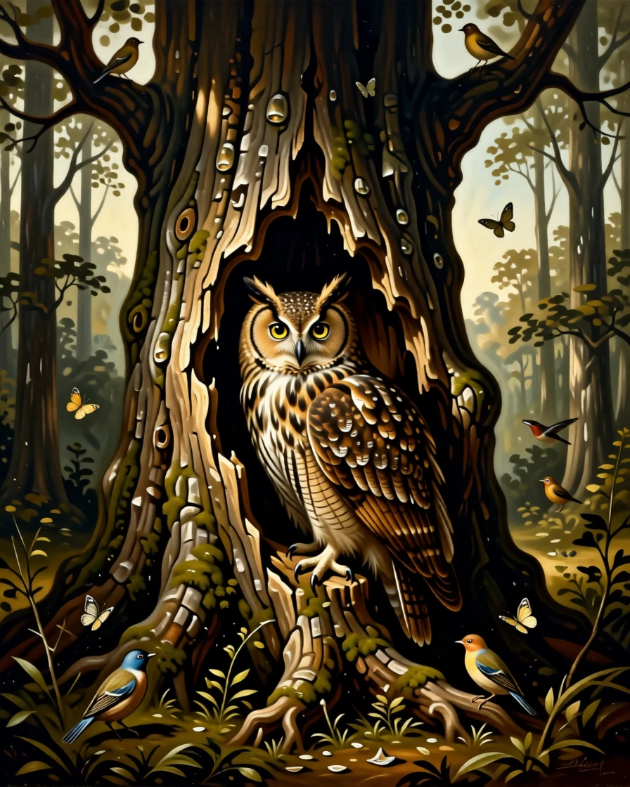 A wise old owl perched silently in an ancient hollow tree at the peaceful, unguarded heart of the natural world, set within an untouched wilderness far from human hands, with small birds or butterflies adding quiet movement to the scene; the composition balances raw power with graceful, natural stillness, radiating peace, freedom, and untamed beauty.