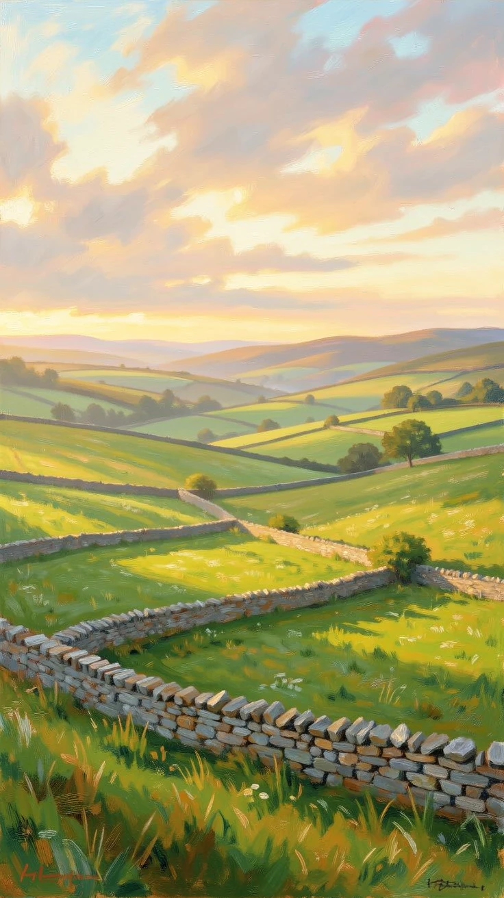 A sweeping view of rolling green hills in Ireland, dry stone walls dividing emerald pastures under a dramatic sky, at golden sunrise.