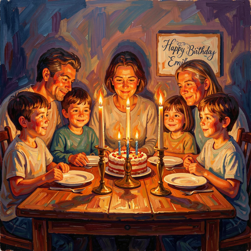 A family gathered around a table lit by candlelight, celebrating a quiet birthday.