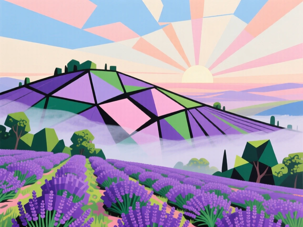 A panoramic view showing a lavender-covered hillside during a soft misty dawn, in early spring.
