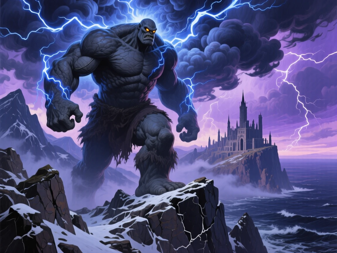 A powerful storm giant strides across a mountain range, lightning crackling between clouds gathered around his massive shoulders, distant elements hinting at a much larger world extending beyond what is visible.