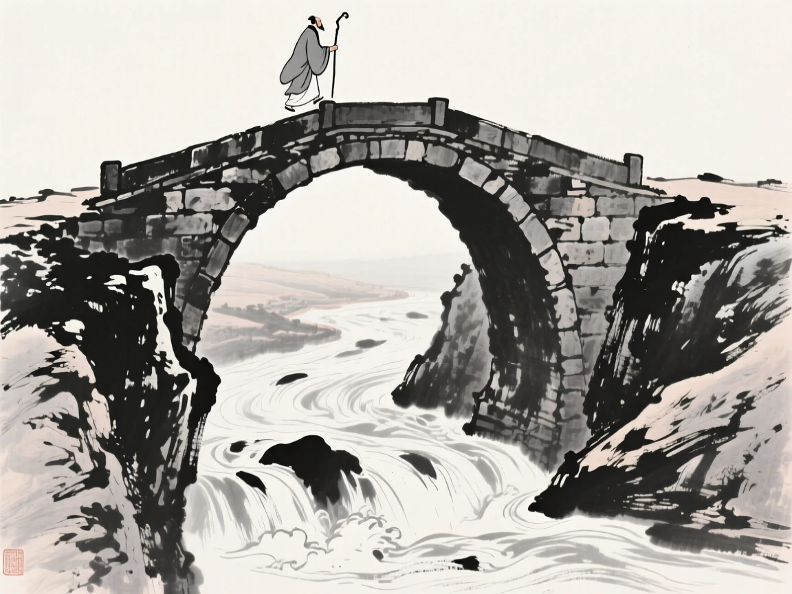 An arched stone bridge spans a narrow gorge above a rushing stream, as a lone traveler crosses with a walking staff in hand.