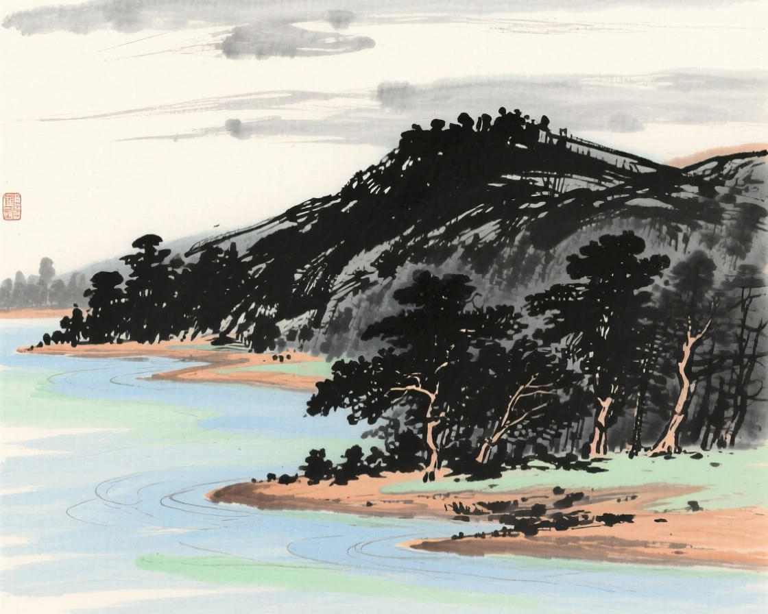 A quiet cove where a river bends around a wooded hill, under a sky streaked with clouds.