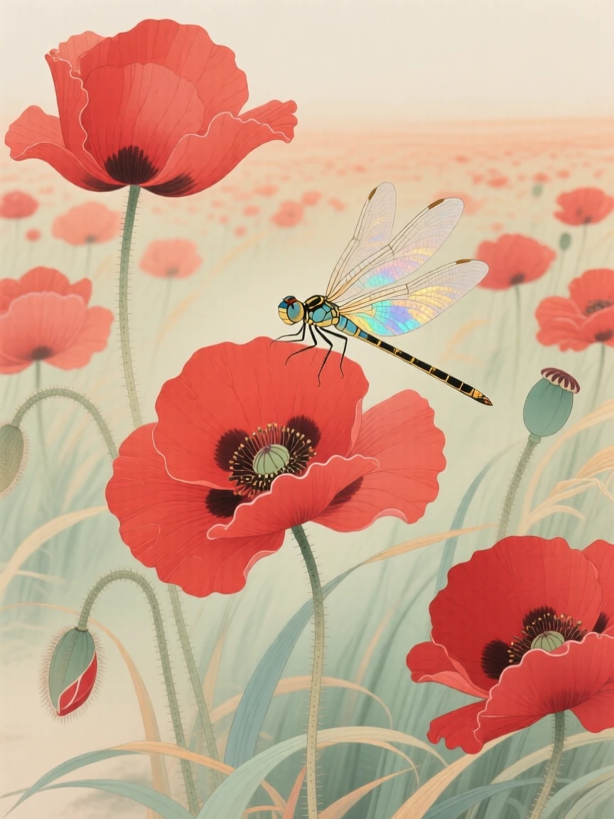 A field of poppies swaying in the wind with a single dragonfly resting on one petal