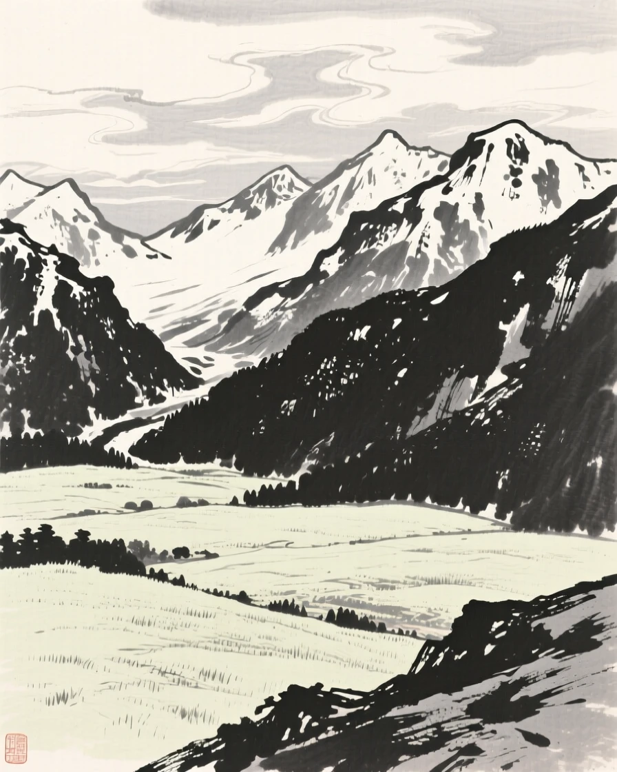 A high alpine meadow bordered by snow-capped ridges beneath a canopy of drifting cloud banks, viewed from a high vantage point looking down across the whole scene, carrying a feeling of timeless peace and stillness.
