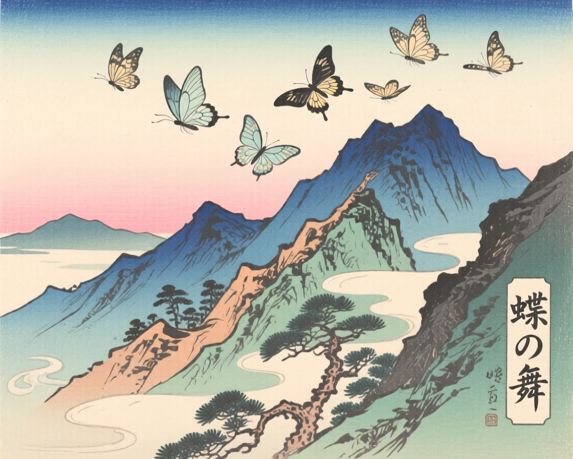 A cluster of butterflies soaring above a jagged mountain range.