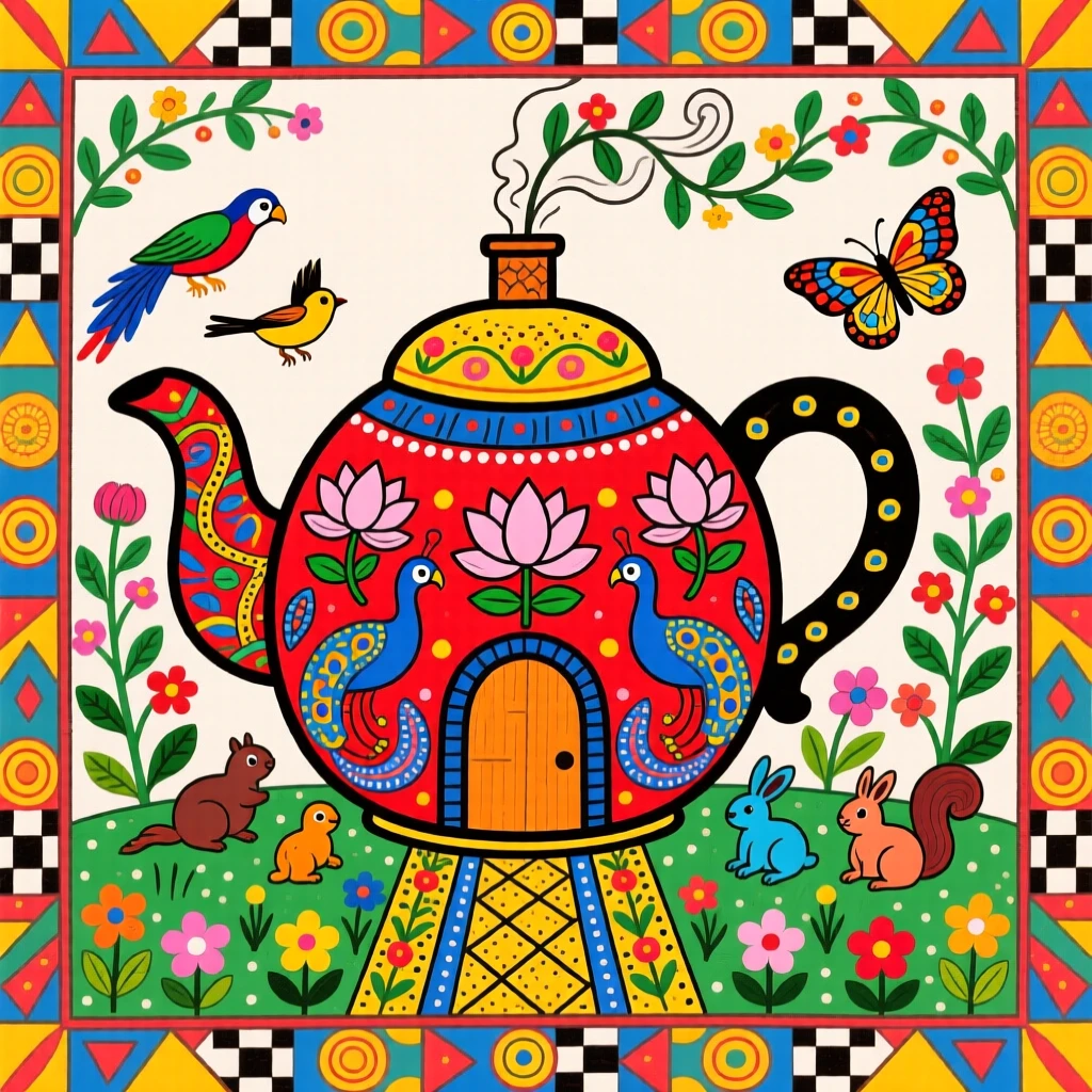 A whimsical teapot house with smoke curling from a tiny chimney.