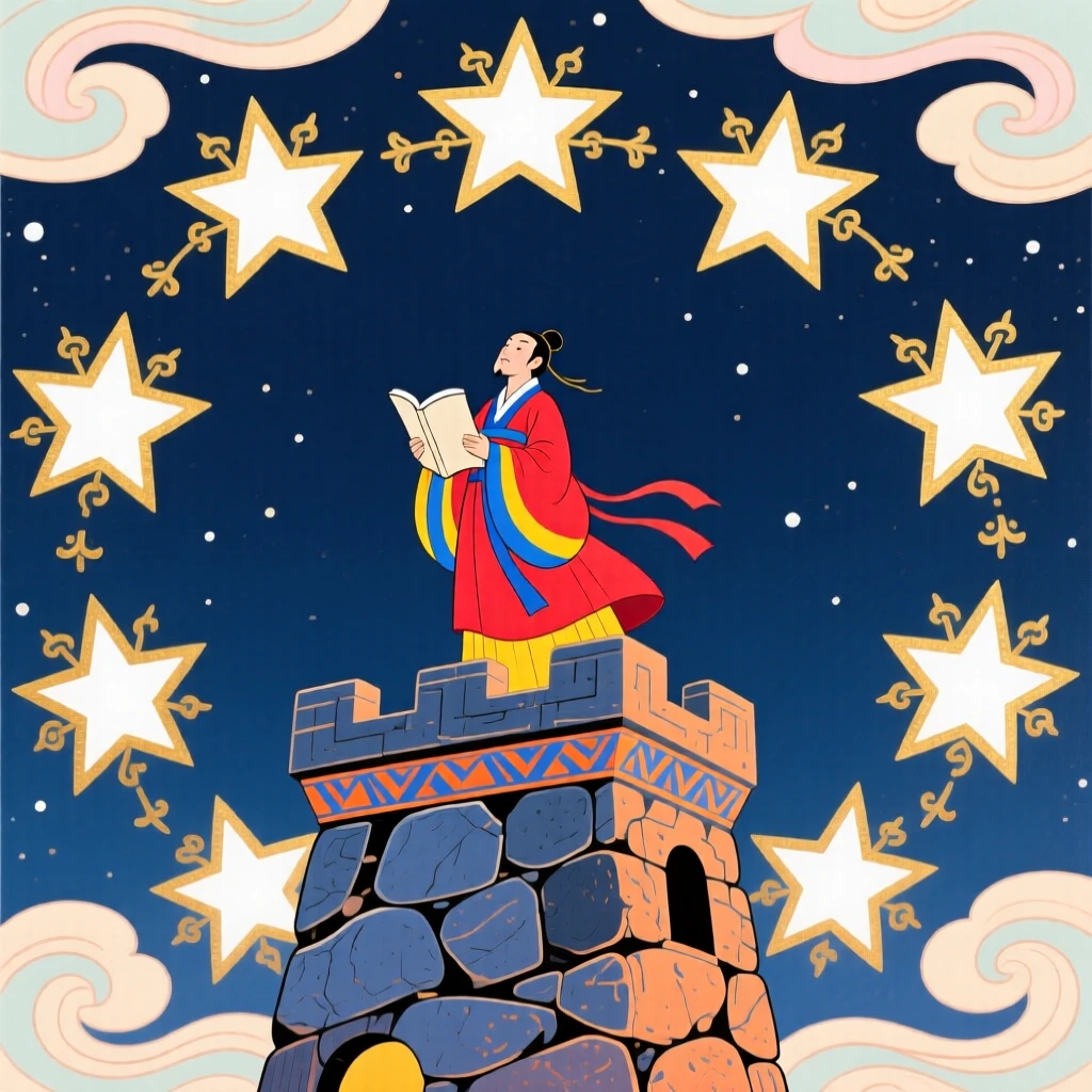 A wandering poet reading the stars from a high stone tower, under a canopy of stars.