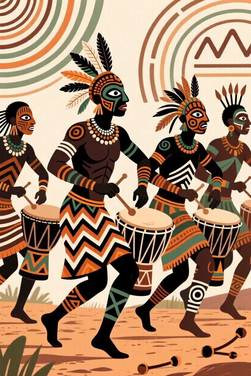 A group of dancers moving in unison to a steady drumbeat.