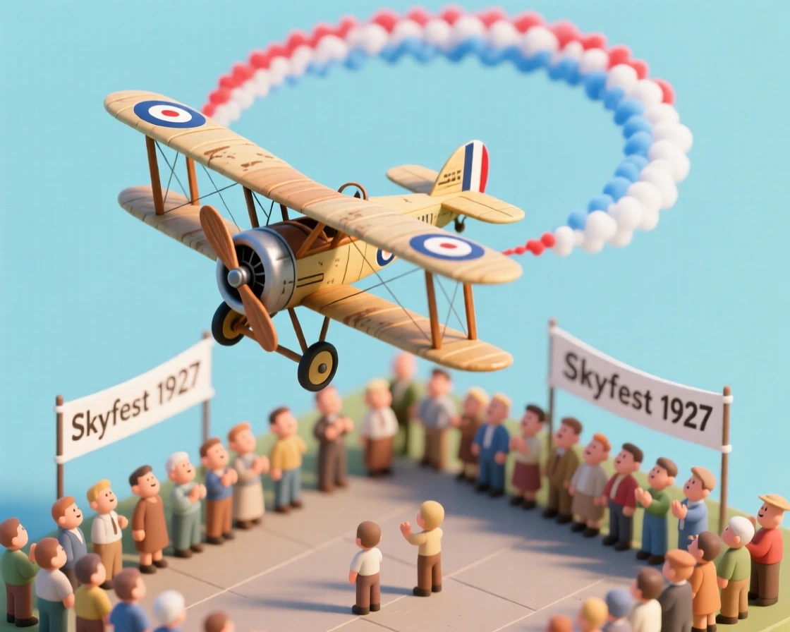 A vintage biplane performing an airshow loop over a crowd of spectators, colored smoke trailing in a graceful arc.