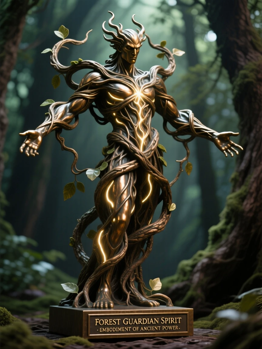 A forest guardian spirit made of living vines and light, with an aura of ancient power, radiating awe and grandeur
