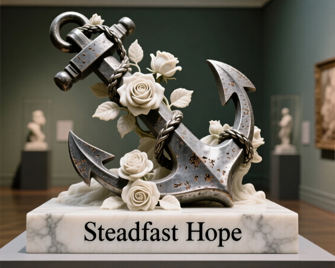 A symbolic, visually striking image of an anchor entwined with blooming roses, symbolizing steadfast hope, rich in meaning and emotional resonance