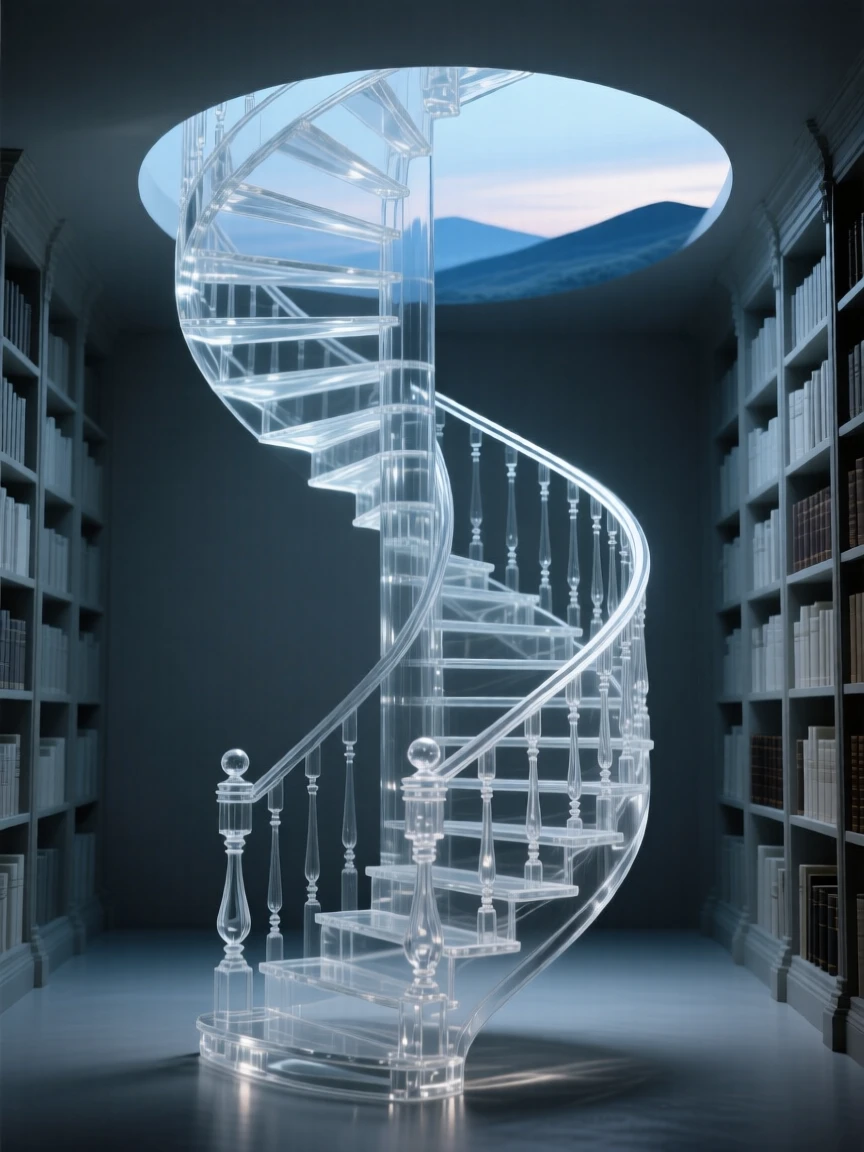 With distant hills fading into the evening haze, a grand staircase spiraling upward inside an old library