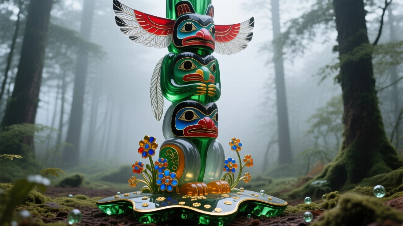 A Native American totem pole standing tall in a misty forest, symbolic and grand.