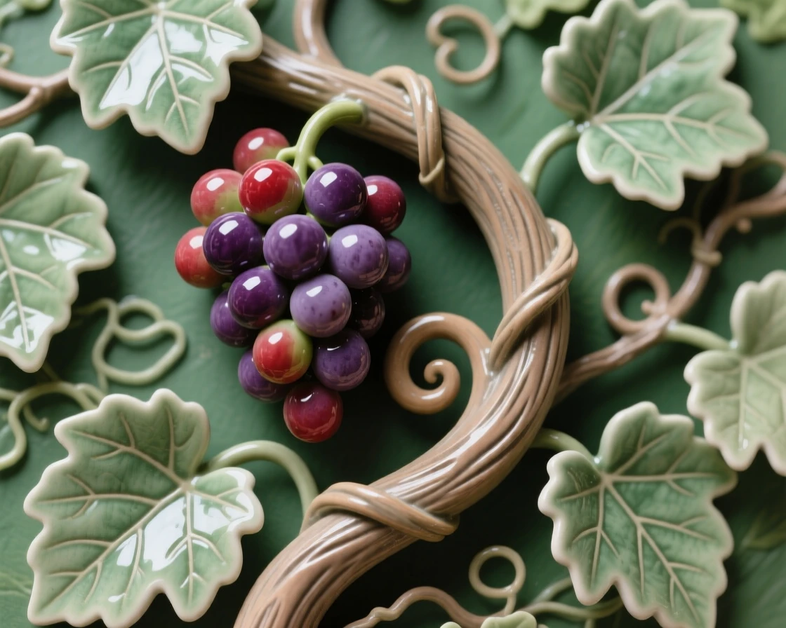 A twisting vine heavy with grapes framed by soft surrounding greenery, with veins tracing intricate natural patterns, radiating freshness and natural elegance.