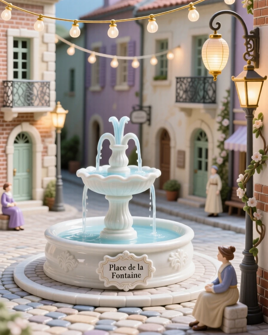 A charming old town square with a central fountain, string lights glowing overhead.
