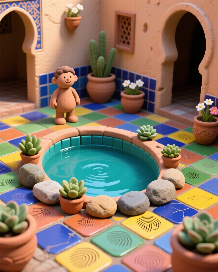 A colorful Moroccan courtyard with mosaic tiles and a central pool
