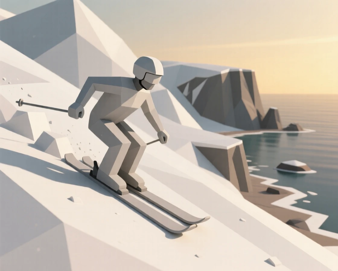 A skier carving down a powdery mountain slope, at golden hour by the coastline. fine details highlight skill and craftsmanship. The atmosphere feels peaceful and mindful.