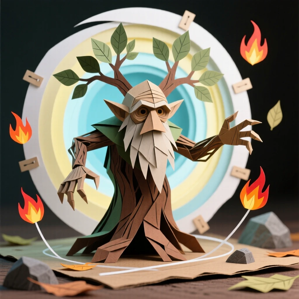 A wise old tree ent emerging from a swirling portal of light, with embers drifting through the air, capturing dramatic tension and adventure.
