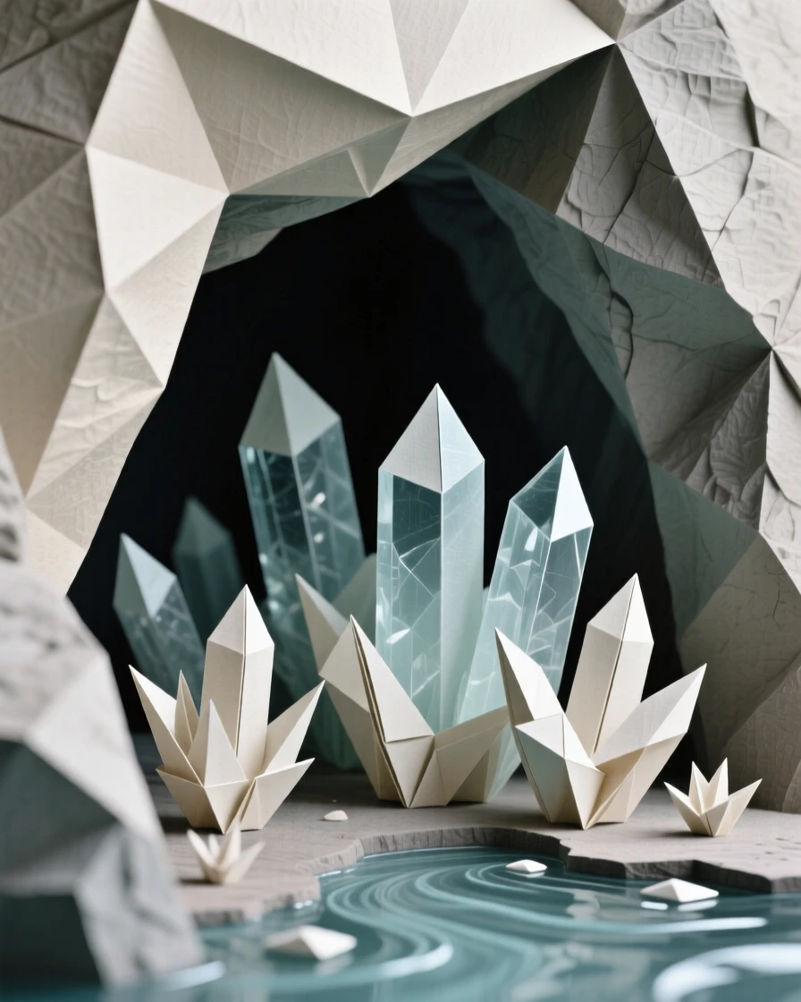 A hidden cave where crystal formations chime softly with the movement of underground water.