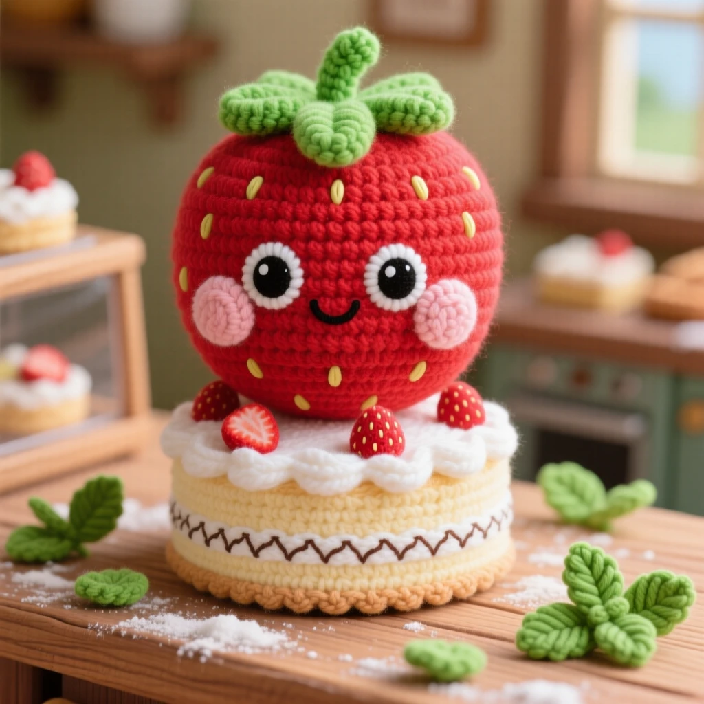 a round strawberry character, with a bright green leafy cap and rosy cheeks, sitting proudly atop a slice of shortcake, displayed in a cozy village bakery counter dusted with flour, with a scattering of fresh mint leaves, radiating a cozy sense of shared treats.